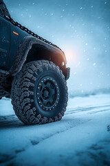 Naklejka premium Geländewagen fährt durch verschneite Landschaft