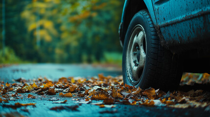 Autoreifen auf Herbstlaub-bedeckter Straße

