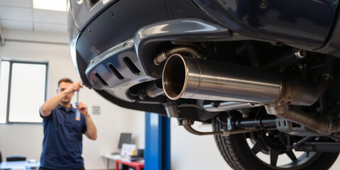 Mechanic inspecting car exhaust system during emission testing for automotive blogs, environmental compliance content, and automotive service marketing