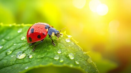 Obraz premium Ladybug on a Dew Covered Green Leaf in Sunlight
