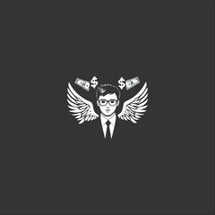 Creative Vector Illustration of a Businessperson with Wings, Dollar Signs, and Money Representing Financial Freedom