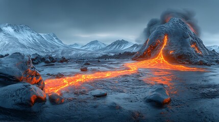 Volcano erupting, lava flow, icy mountains background, danger concept