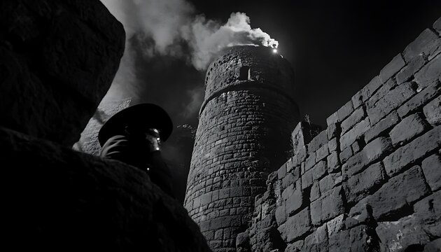 Dark silhouette watches a stone castle tower at night time