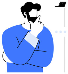Man in blue thinking with hand on chin, laptop on stand nearby. Ideal for innovation, brainstorming, strategy, focus, planning, productivity creativity. Modern flat simple metaphor
