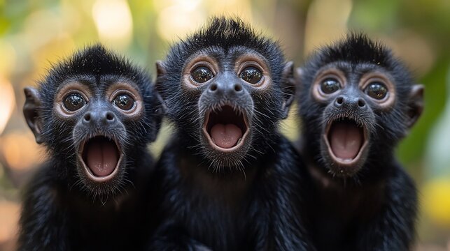 Three adorable spider monkey babies with mouths open.