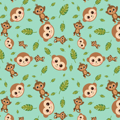 Seamless Pattern of Adorable Cartoon Monkeys with Green Leaves