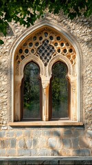 Obraz premium Beautiful Decorative Arched Window Detailed and Elaborate Architectural Stone Work