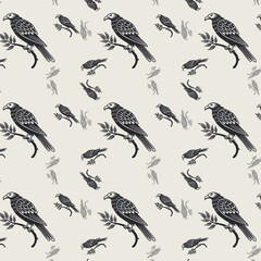 Seamless Pattern of Stylized Parrots Perched on Branches with Leaves