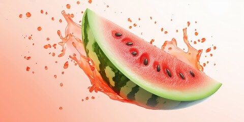 Flying slice of watermelon with refreshing juice, with splashes, on a gradient peach to white background