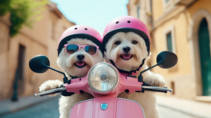 portrait, two dogs in helmets riding a pink moped