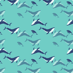 Seamless Pattern of Whales and Fish on an Oceanic Background