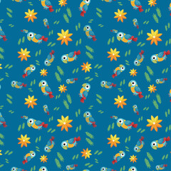 Seamless Pattern with Colorful Parrots, Flowers, and Leaves on Blue Background