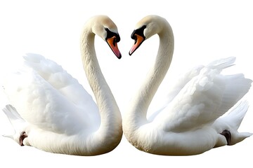 Obraz premium Swan pair forming a heart shape, romantic white background