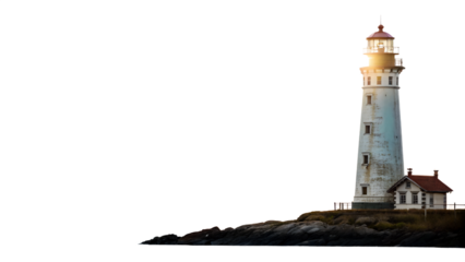 Lighthouse shining bright on rocky shore at sunset