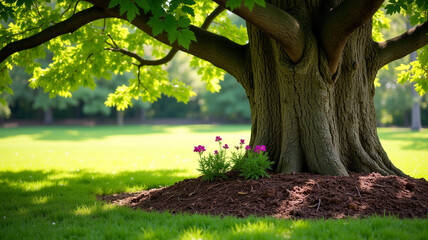 Mulching around trees to retain moisture