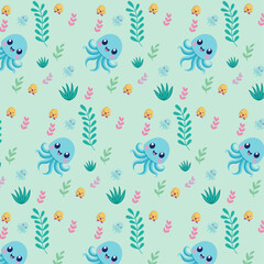 Seamless Pattern with Cute Octopuses, Fish, and Jellyfish on Green Background