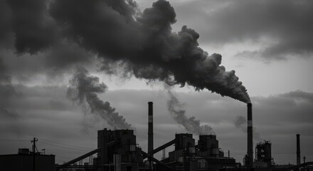 Obraz premium Industrial Plant Emitting Smoke Under Dramatic Sky in a Monochrome Tone