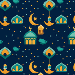 Seamless Ramadan Pattern with Mosques, Lanterns, and Crescent Moons