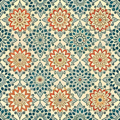A vibrant floral pattern with teal and orange hues.
