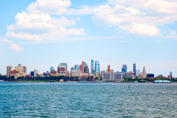 Manhattan skyline in New York United States. Distant view of New York city skyline cruising in...