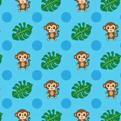 Obraz premium Seamless Vector Pattern of Cheerful Monkeys, Tropical Leaves, and Blue Circles