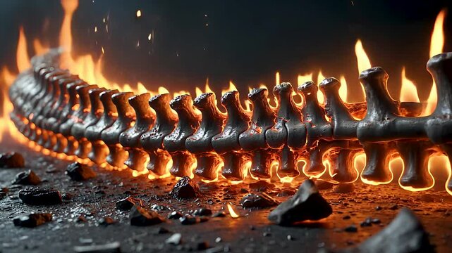 Row of Flames on a Metal Surface with Intense Heat and Dramatic Fire Reflections

