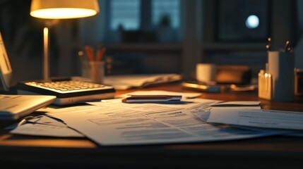 Obraz premium Night Desk Work, Papers, Home Office