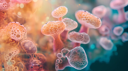 Vibrant organic textures of intricate fungal structures in earthy impressionist style. Biotech Mycelium. Illustration