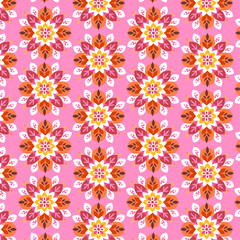 Symmetrical Floral Pattern with Vibrant Orange and Red Blooms on Pink Background