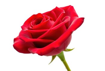 A single, velvety red rose, petals unfurled, isolated on pure white background, romance, macro photography