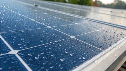 Close-up View of Solar Panels with Water Droplets Reflecting Sunlight After Rain, Showcasing Renewable Energy Technology and Sustainability Efforts