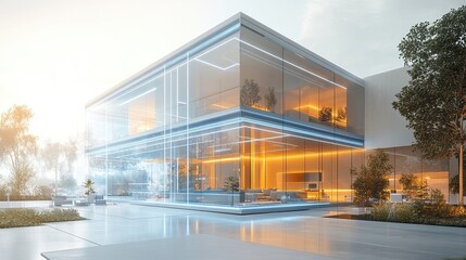 Obraz premium Smart building management system controlling HVAC, lighting, and energy use for efficient resource management, illustrating the future of sustainable, automated architecture and eco-friendly design.