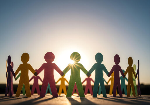 3D render, vivid colors, diverse group of paper cut-out figures holding hands, unity