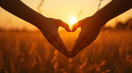 Romantic Golden Hour Sunset Heart Hands in Golden Wheat Field