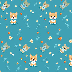 Whimsical Cartoon Corgis and Nature Elements on Teal Background