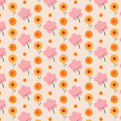 Whimsical Floral Pattern with Pink and Yellow Flowers on Light Beige Background