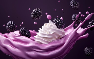 Juicy blackberry yogurt splash with blackberries in mid-air, isolated on a dark purple background