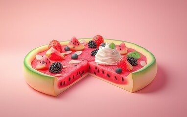 Juicy watermelon pizza with yogurt and berries, isolated on a pastel pink background