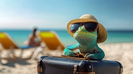 Green lizard wearing sunglasses and a straw hat is sitting on a suitcase. The suitcase is on a beach, and there are two people in the background. The scene is playful and lighthearted