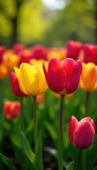 Fototapeta premium Colorful tulips bursting forth in a garden bed, bulb, colorful