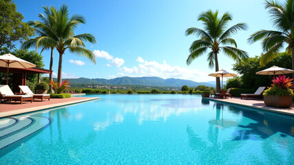 Obraz premium A resort pool sits still under the sun