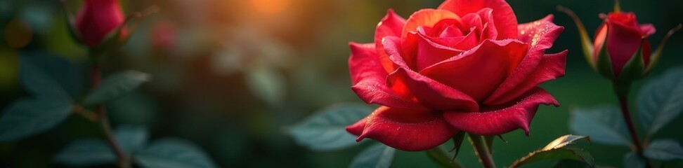 Red rose with dew drops, fiery light reflecting, morning, flora, close-up