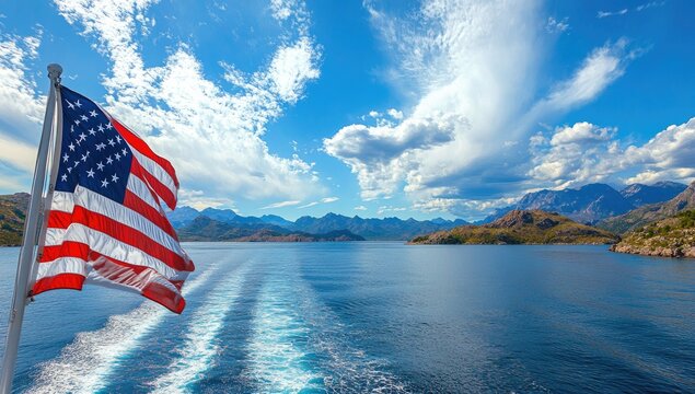American flag waving over a placid lake, mountains and clouds in the background, bright sunny day