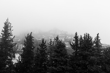 Agros, a Troodos mountains village view in the region of Pitsilia, in southwest Cyprus. Black and...