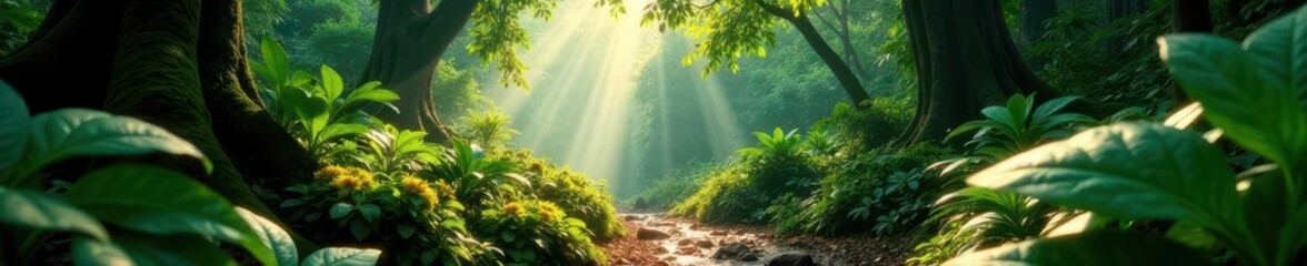 Sunlight dappled rainforest floor, abundant flora, fern, plants, roots