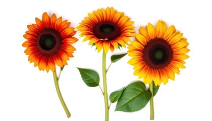 Fototapeta premium Three vibrant sunflowers, stems, and leaves isolated on white background, sunflowers, yellow