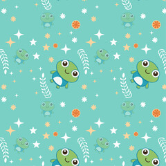 Naklejka premium Whimsical Seamless Pattern with Cartoon Frogs, Stars, Flowers, and Leaves