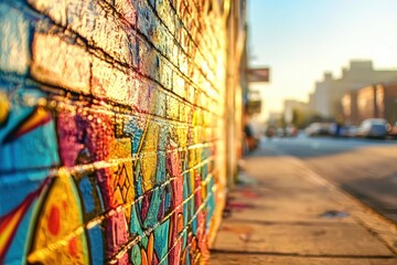 Obraz premium A vibrant brick wall adorned with colorful graffiti art, illuminated by warm sunlight, standing alongside a city street, offering a striking urban artistic backdrop.
