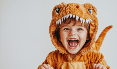 Portrait of adorable child wearing a dinosaur costume and smiling widely
