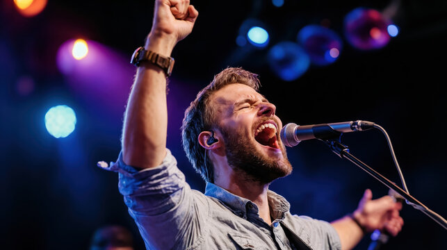 Singer performing live on stage with passion and energy